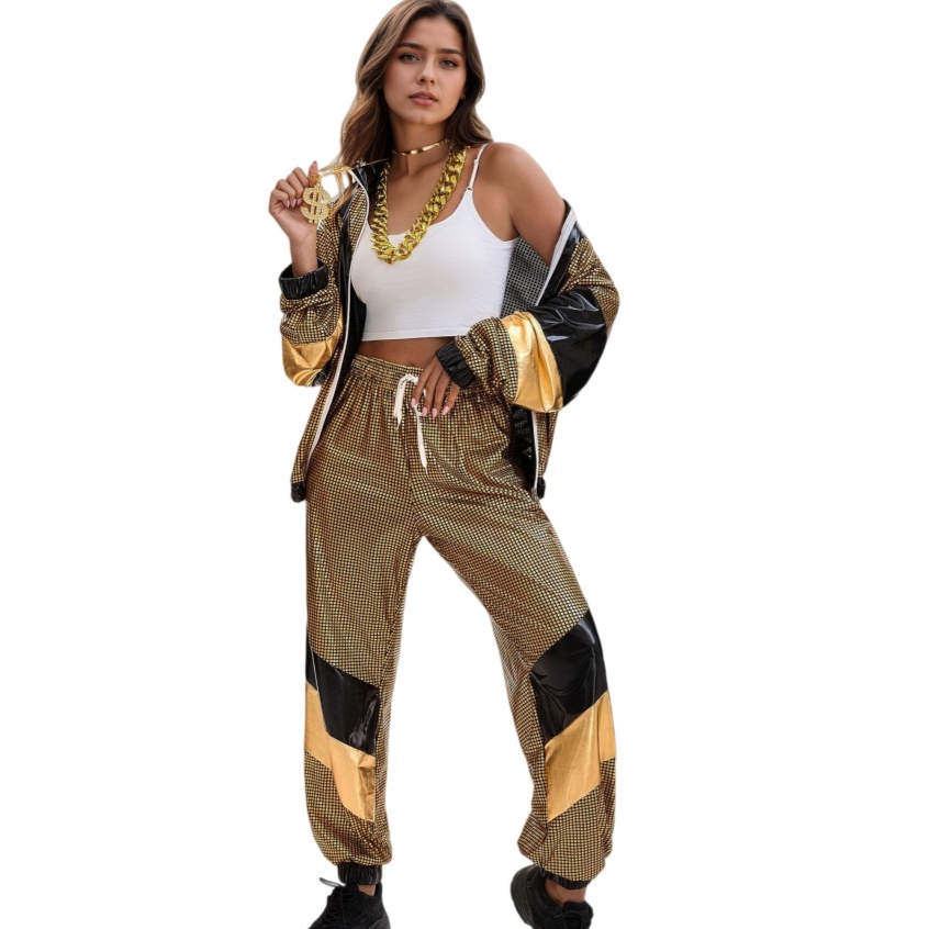 Womens Hip Hop Dance Costume Set 80s Disco Sportswear Two Piece Set Tracksuit